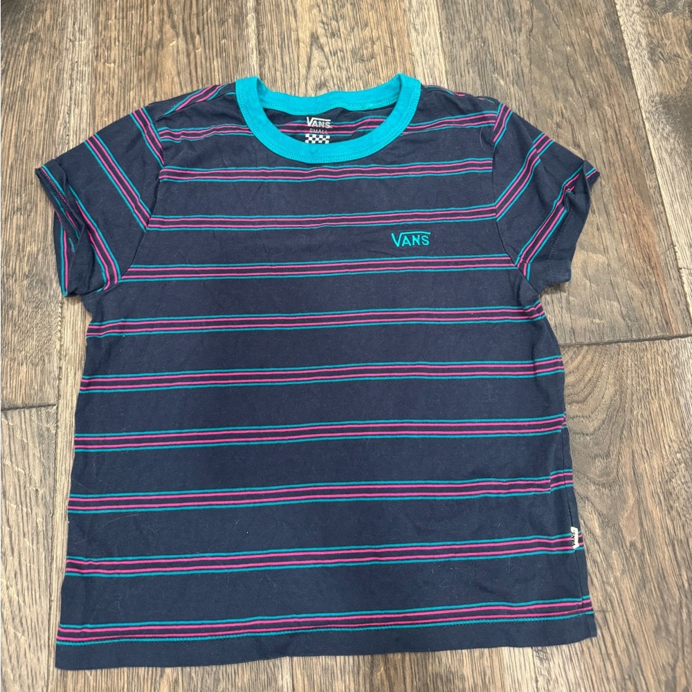 vans blue and pink stripped shirt